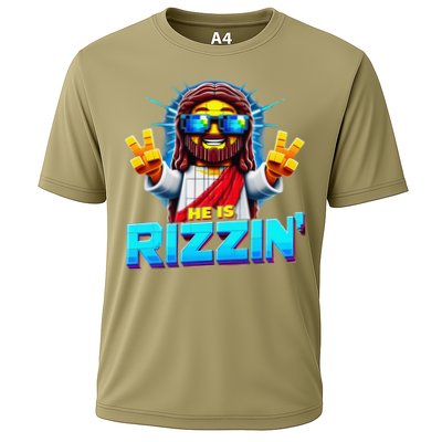 He Is Rizzen Jesus Has Rizzen Retro Christian Pixel Gaming Gift Cooling Performance Crew T-Shirt