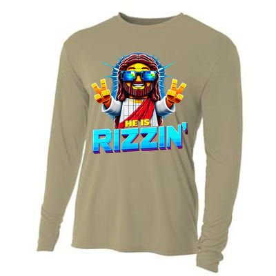 He Is Rizzen Jesus Has Rizzen Retro Christian Pixel Gaming Gift Cooling Performance Long Sleeve Crew