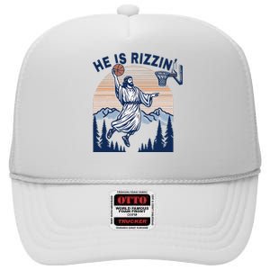 He Is Rizzin Funny Jesus Playing Basketball Meme Christian High Crown Mesh Back Trucker Hat