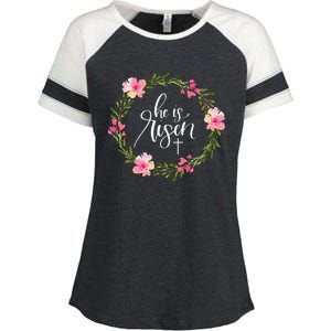 He Is Risen Jesus Christian Happy Easter Floral Wreath Enza Ladies Jersey Colorblock Tee