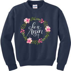 He Is Risen Jesus Christian Happy Easter Floral Wreath Kids Sweatshirt