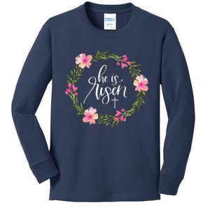 He Is Risen Jesus Christian Happy Easter Floral Wreath Kids Long Sleeve Shirt