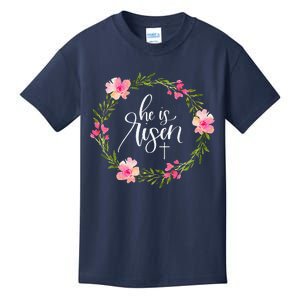 He Is Risen Jesus Christian Happy Easter Floral Wreath Kids T-Shirt