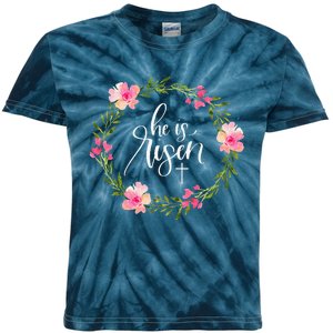 He Is Risen Jesus Christian Happy Easter Floral Wreath Kids Tie-Dye T-Shirt