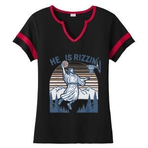 He Is Risen Rizzin Easter Jesus Christian Faith Basketball Ladies Halftime Notch Neck Tee