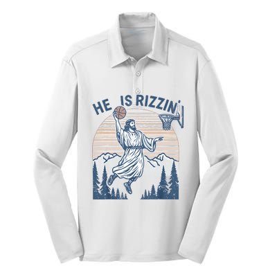 He Is Risen Rizzin Easter Jesus Christian Faith Basketball Silk Touch Performance Long Sleeve Polo