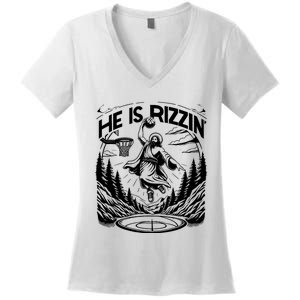 He Is Rizzin Funny Basketball Christian Religious Gift Women's V-Neck T-Shirt