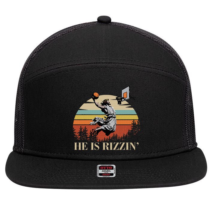 He Is Rizzin Jesus Playing Basketball Funny Easter Day 7 Panel Mesh Trucker Snapback Hat