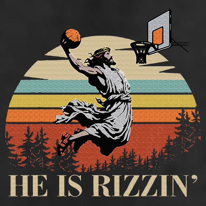He Is Rizzin Jesus Playing Basketball Funny Easter Day 7 Panel Mesh Trucker Snapback Hat
