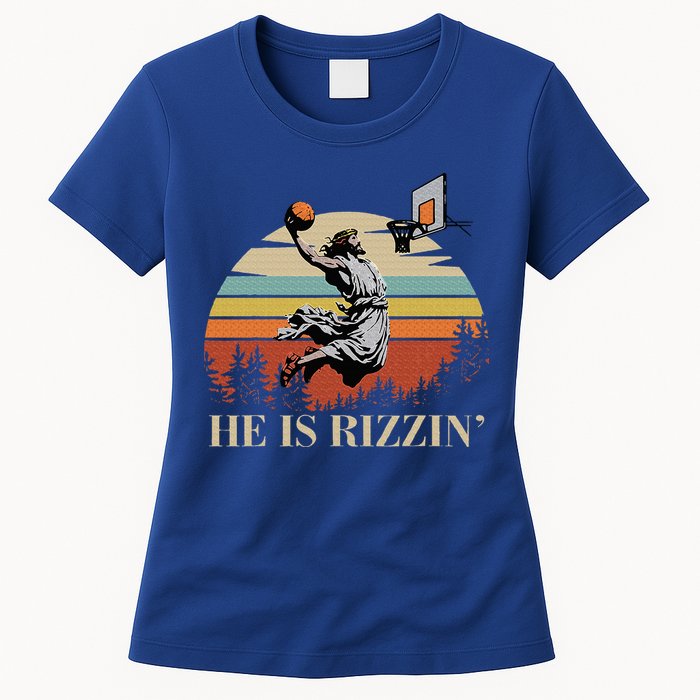 He Is Rizzin Jesus Playing Basketball Funny Easter Day Womens T-Shirt