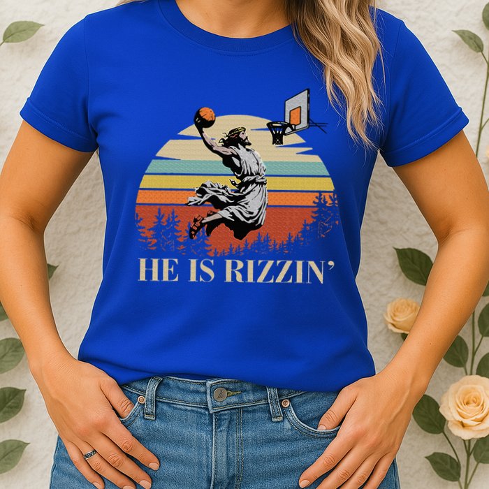 He Is Rizzin Jesus Playing Basketball Funny Easter Day Womens T-Shirt