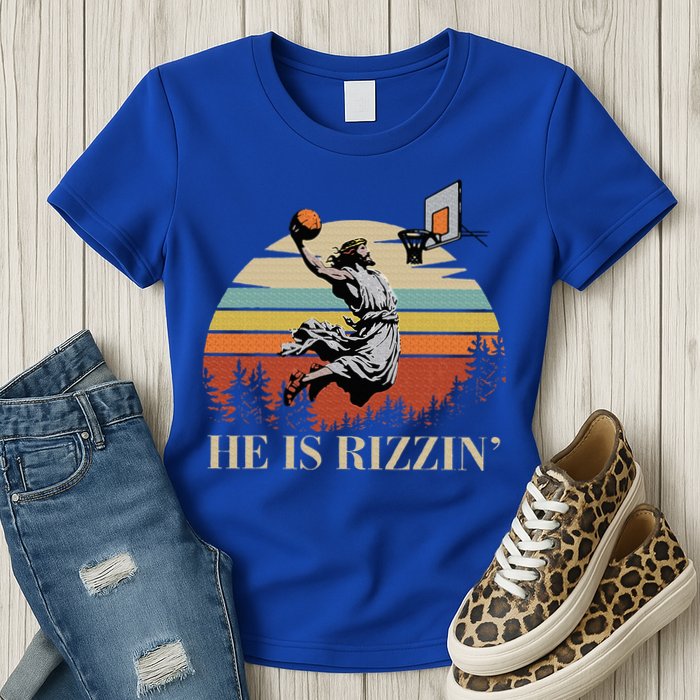 He Is Rizzin Jesus Playing Basketball Funny Easter Day Womens T-Shirt