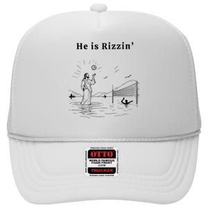 He Is Rizzin Jesus Playing Volleyball Funny Easter High Crown Mesh Back Trucker Hat