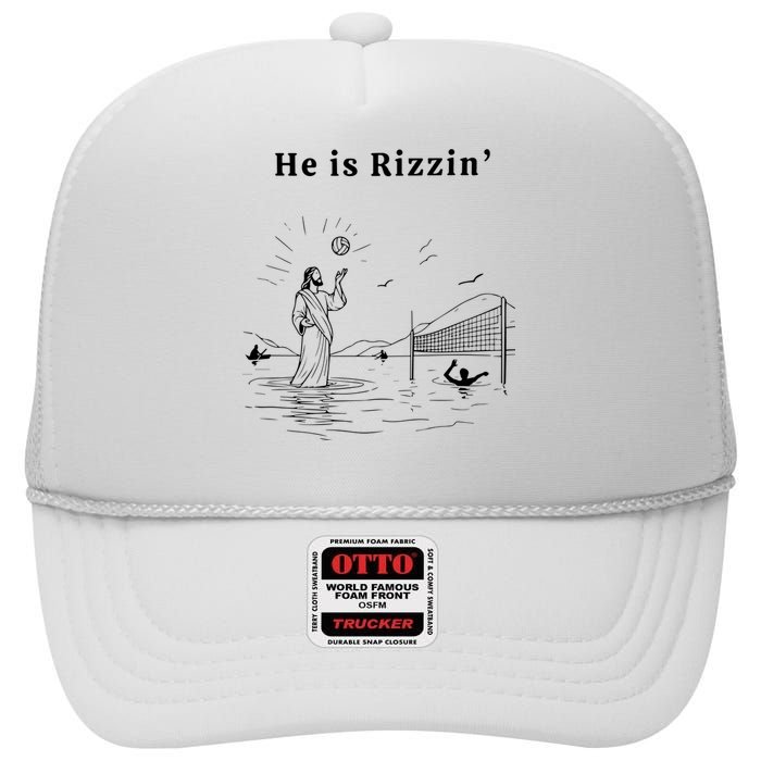 He Is Rizzin Jesus Playing Volleyball Funny Easter High Crown Mesh Back Trucker Hat