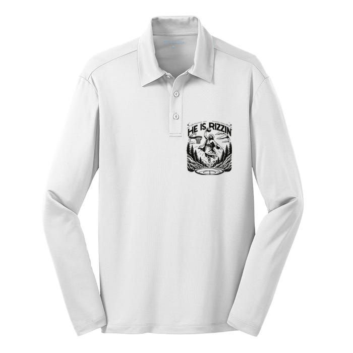 He Is Rizzin Funny Basketball Christian Religious Gift Silk Touch Performance Long Sleeve Polo