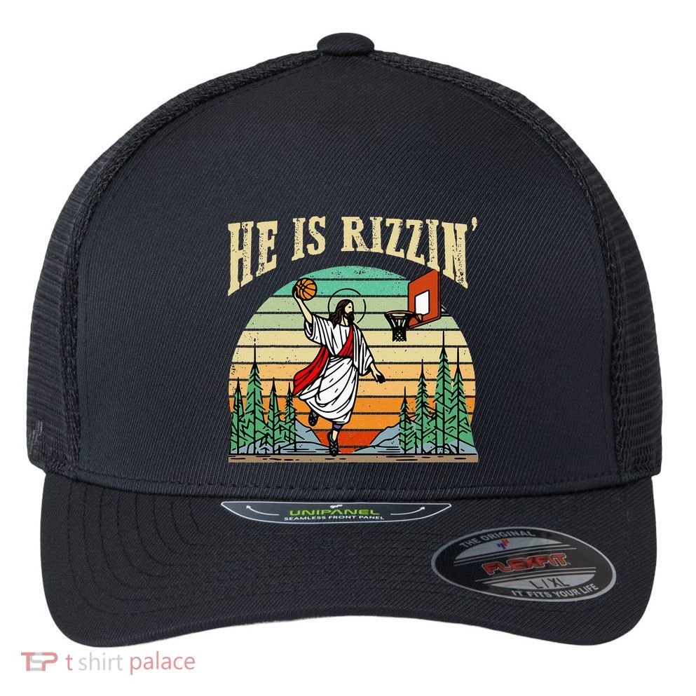 He Is Rizzin Funny Basketball Easter Christian Religious Flexfit Unipanel Trucker Cap