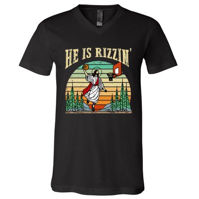 He Is Rizzin Funny Basketball Easter Christian Religious V-Neck T-Shirt