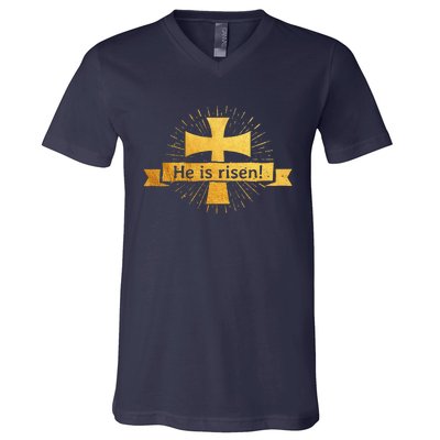 He Is Risen! Cross Easter Gift For Christians Cross V-Neck T-Shirt