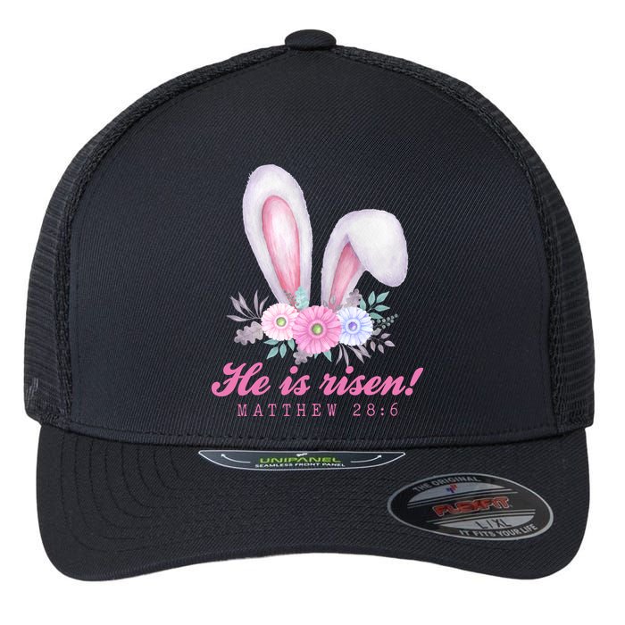 He Is Risen Easter Sunday Bunny Floral Flexfit Unipanel Trucker Cap