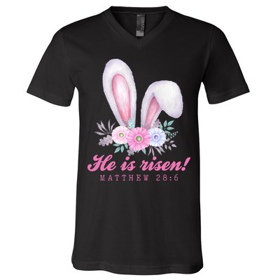 He Is Risen Easter Sunday Bunny Floral V-Neck T-Shirt