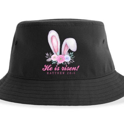 He Is Risen Easter Sunday Bunny Floral Sustainable Bucket Hat