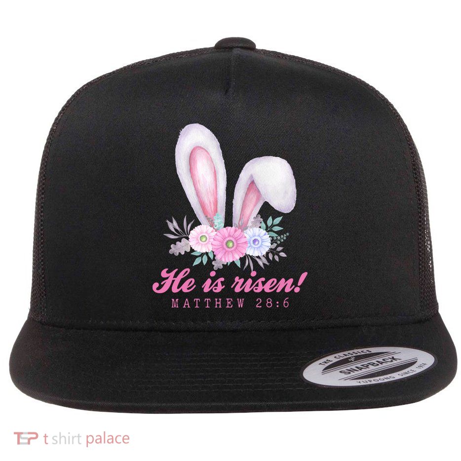 He Is Risen Easter Sunday Bunny Floral Flat Bill Trucker Hat