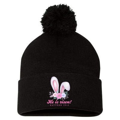 He Is Risen Easter Sunday Bunny Floral Pom Pom 12in Knit Beanie