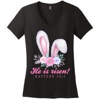 He Is Risen Easter Sunday Bunny Floral Women's V-Neck T-Shirt