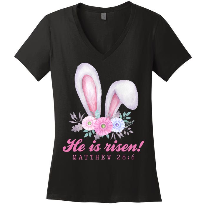 He Is Risen Easter Sunday Bunny Floral Women's V-Neck T-Shirt