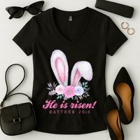 He Is Risen Easter Sunday Bunny Floral Women's V-Neck T-Shirt