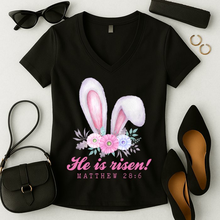 He Is Risen Easter Sunday Bunny Floral Women's V-Neck T-Shirt