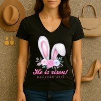 He Is Risen Easter Sunday Bunny Floral Women's V-Neck T-Shirt