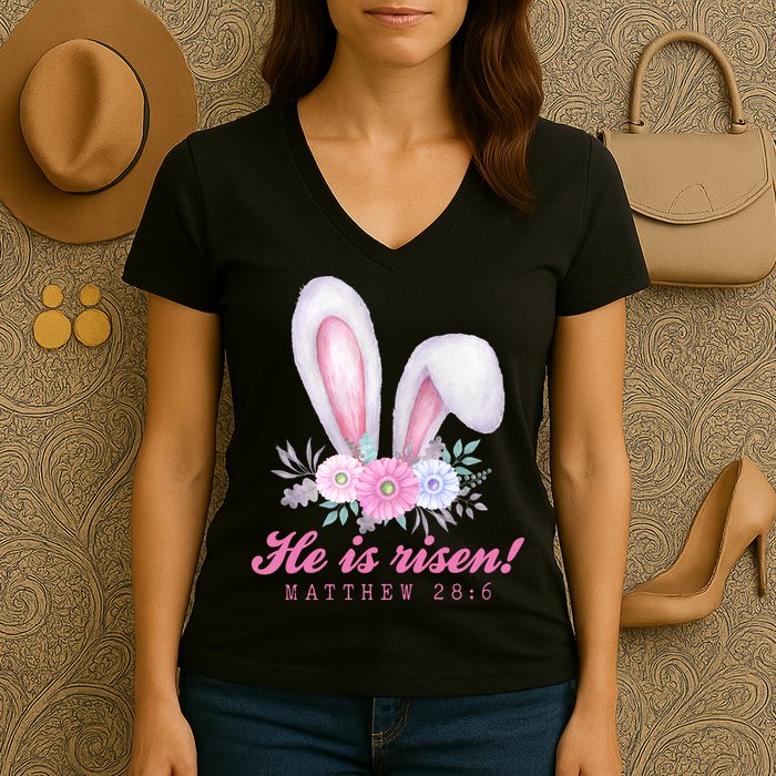 He Is Risen Easter Sunday Bunny Floral Women's V-Neck T-Shirt
