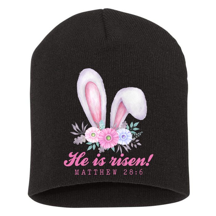 He Is Risen Easter Sunday Bunny Floral Short Acrylic Beanie