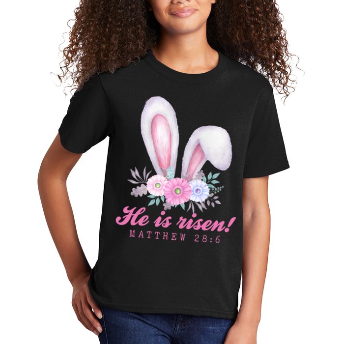 He Is Risen Easter Sunday Bunny Floral Kids T-Shirt