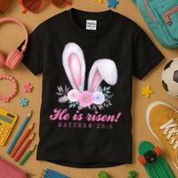 He Is Risen Easter Sunday Bunny Floral Kids T-Shirt