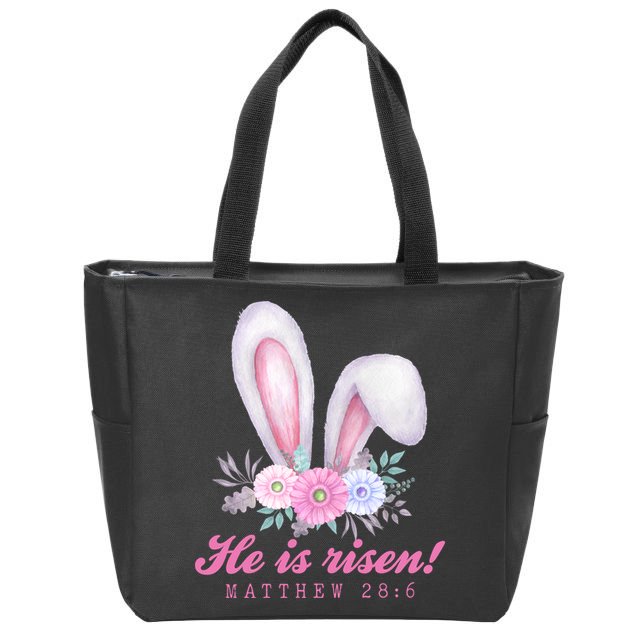 He Is Risen Easter Sunday Bunny Floral Zip Tote Bag