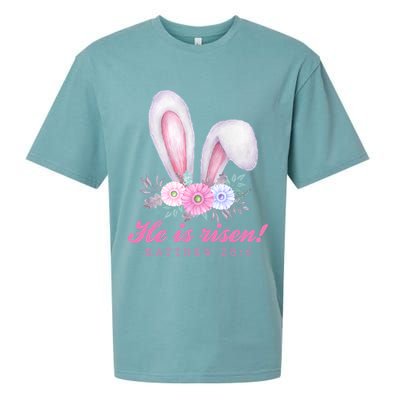 He Is Risen Easter Sunday Bunny Floral Sueded Cloud Jersey T-Shirt