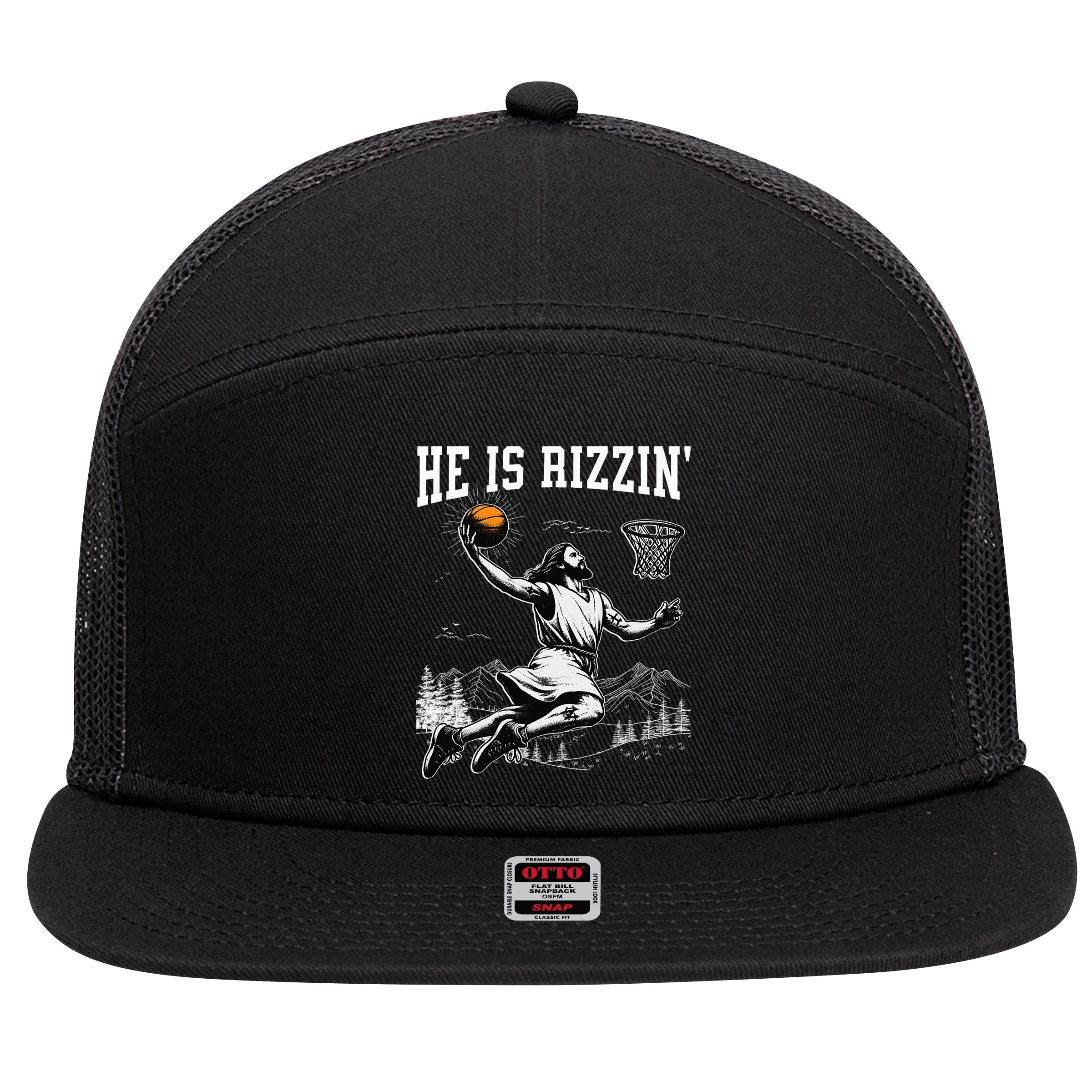 He Is Risen Rizzin Easter Jesus Christian Faith Basketball 7 Panel Mesh Trucker Snapback Hat