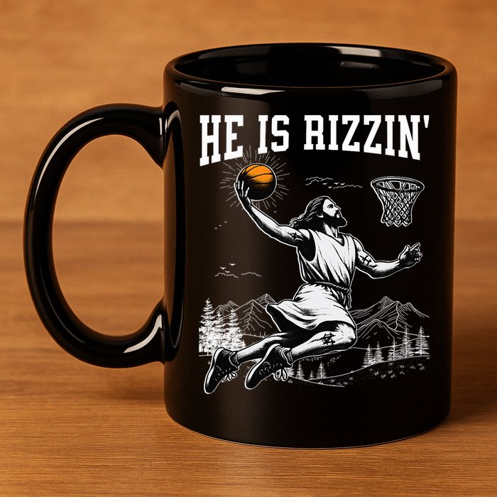 He Is Risen Rizzin Easter Jesus Christian Faith Basketball 11oz C Handle Ceramic Mug