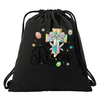 He Is Risen Cross Coquette Bow Eggs Christian Easter Drawstring Bag