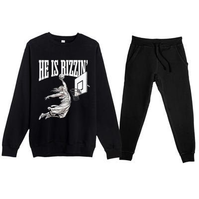 He Is Rizzin Basketball Jesus Dunk Memes Humor Premium Crewneck Sweatsuit Set