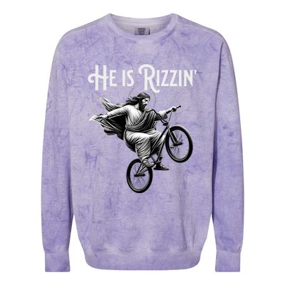 He Is Rizzin Jesus Riding Bmx Bike Funny Bicycle Rizz Colorblast Crewneck Sweatshirt