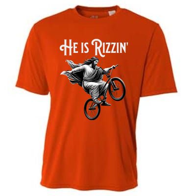 He Is Rizzin Jesus Riding Bmx Bike Funny Bicycle Rizz Cooling Performance Crew T-Shirt