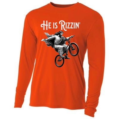 He Is Rizzin Jesus Riding Bmx Bike Funny Bicycle Rizz Cooling Performance Long Sleeve Crew