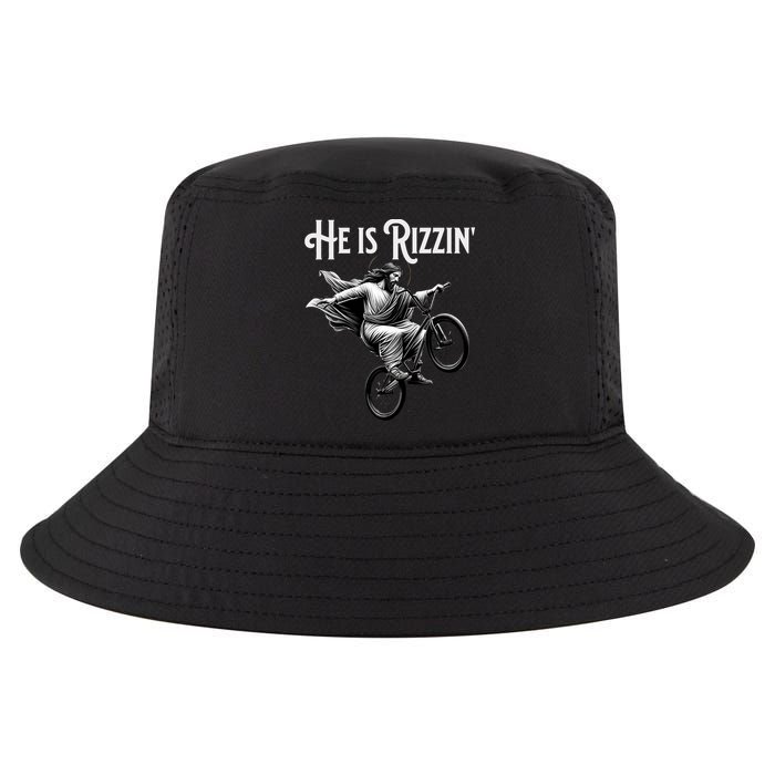 He Is Rizzin Jesus Riding Bmx Bike Funny Bicycle Rizz Cool Comfort Performance Bucket Hat