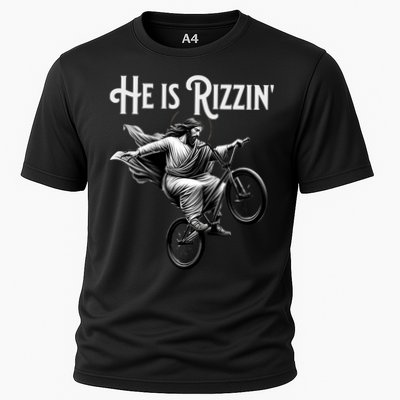 He Is Rizzin Jesus Riding Bmx Bike Funny Bicycle Rizz Cooling Performance Crew T-Shirt