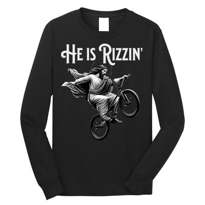 He Is Rizzin Jesus Riding Bmx Bike Funny Bicycle Rizz Long Sleeve Shirt