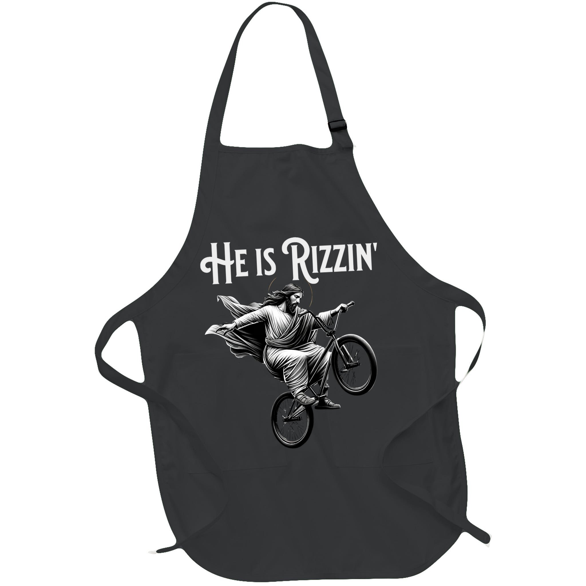He Is Rizzin Jesus Riding Bmx Bike Funny Bicycle Rizz Apron