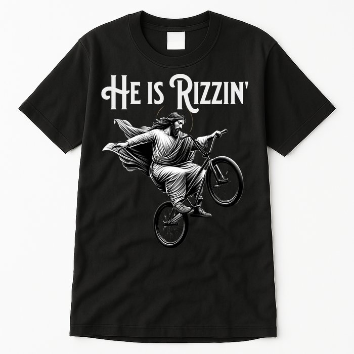 He Is Rizzin Jesus Riding Bmx Bike Funny Bicycle Rizz Tall T-Shirt